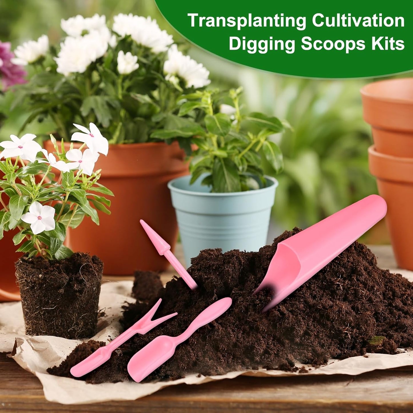 M METERXITY 1-Set Garden Shovel Hand Tools Transplanting Succulent Cultivation Digging Scoops Kits, Plastic Mini Garden Tool Set for Bonsai Potting/Flower Planting [Pink]