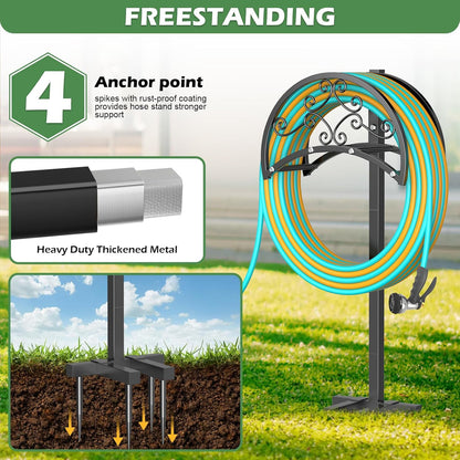OLV Hose Holder Holds 150-ft Water Pipe, Outdoor Freestanding Heavy Duty Water Hose Holder Reel with 4 Spikes, Detachable Metal Hose Storage Stand Hanger Rack for Outside Yard Lawn Farm, Black