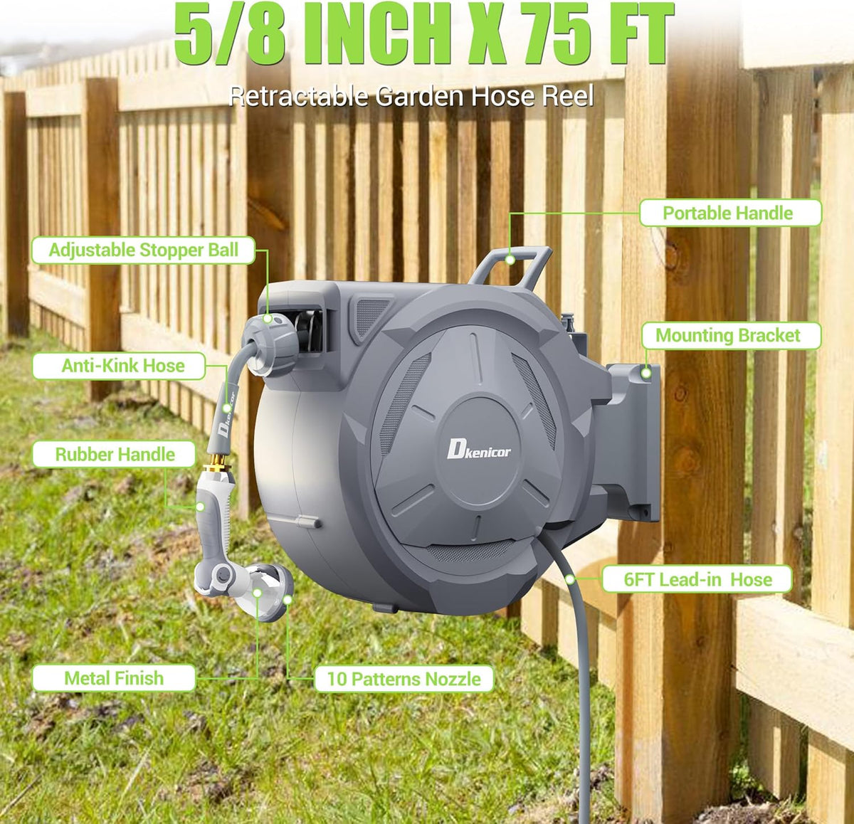 5/8" × 110 ft Retractable Hose Reel, Heavy Duty Retractable Garden Hose Reel Wall Mounted with 10-Pattern Hose Nozzle/Any Length Lock/Slow Return System/180°Swivel Bracket