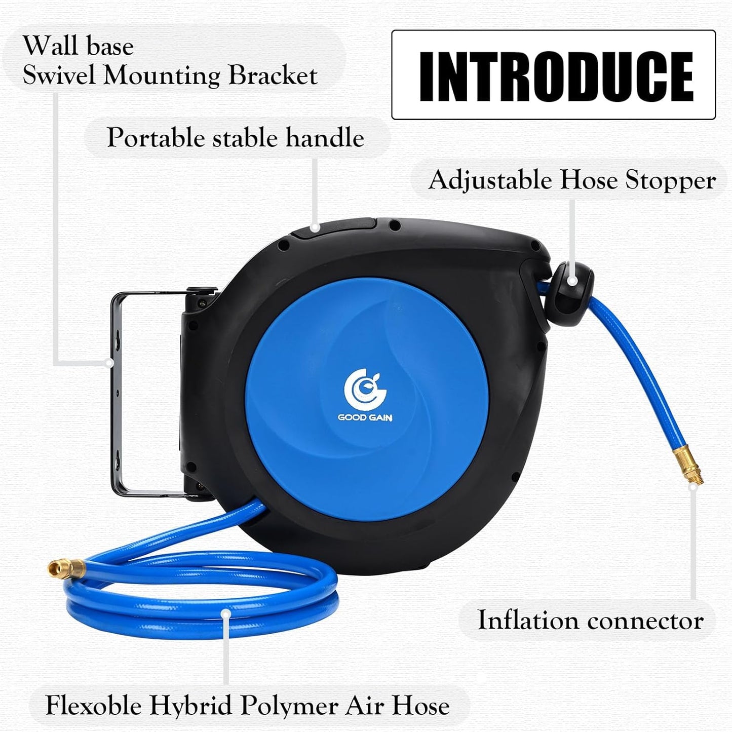 Air Hose Reel Retractable 3/8 in. x 50 ft Hybrid Polymer Hose, Retractable Auto-Rewind Enclosed Heavy Duty 180° Swivel Mount, Max 300PSI Commerical Polypropylene Grey