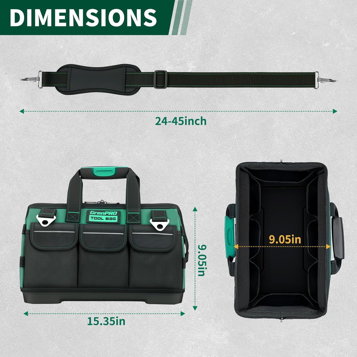 GrenPRO Garden Tool Bag Molded Bottom, Heavy Duty Tool Tote Toolbox with 10 Pockets, Reinforced & Top Snap Closure for Gardening Tools Storage, Dark Green(Tools Not Included)