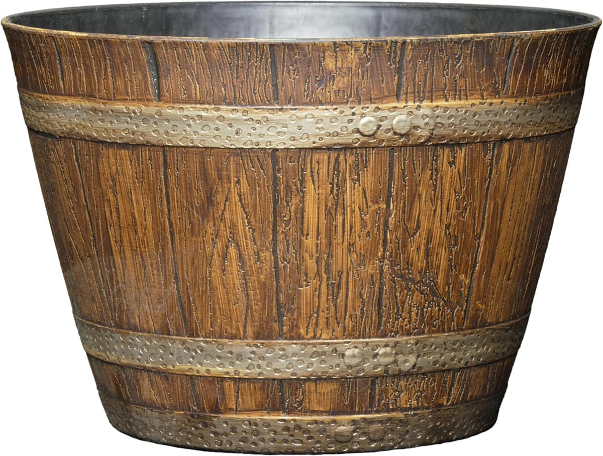 Classic Home & Garden by Growscape Whiskey Barrel Planters, Wooden Finish Flower Planter Pot, Decorative Garden Pots, Indoor Outdoor Resin Planters, Weather-Resistant Plant Pot (15” Oak Brown, 1-Pack)