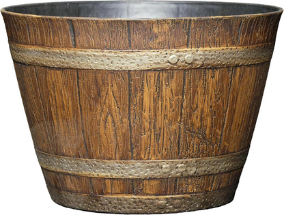 Classic Home & Garden by Growscape Whiskey Barrel Planters, Wooden Finish Flower Planter Pot, Decorative Garden Pots, Indoor Outdoor Resin Planters, Weather-Resistant Plant Pot (15” Oak Brown, 1-Pack)