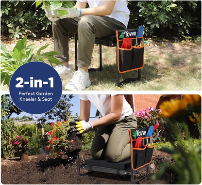 Tovve Foldable Garden Kneeler and Seat, Heavy Duty Garden Stool with 10" Wide Detachable Kneeling Pad, Portable Garden Bench Chair with Large Garden Tool Bag, Gardening Gifts for Women, Seniors, Mom