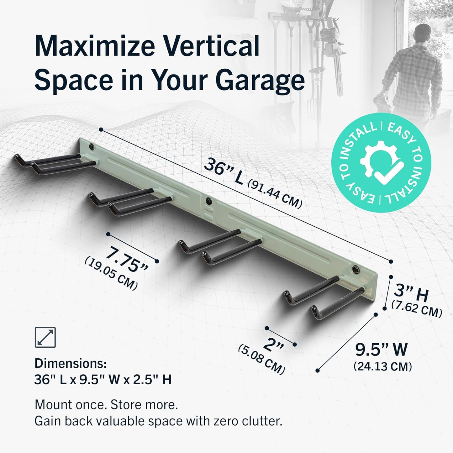 StoreYourBoard 36" Garage Tool Organizer Wall Mount | Garden Tool Organizer System | Heavy Duty Garden Tool Storage Rack for Yard Tools Rakes Shovels 250lbs Garage Organization | 4 PVC Coated Hooks