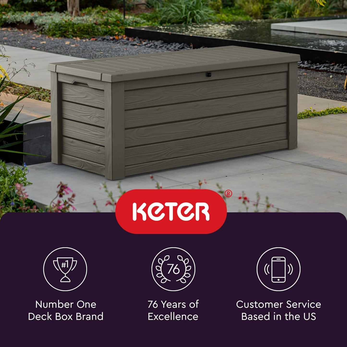 Keter 150 Gallon Resin Large Deck Box Organization and Storage Box for Patio, Outdoor Cushions, Garden Tools, Brown