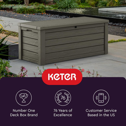 Keter 150 Gallon Resin Large Deck Box Organization and Storage Box for Patio, Outdoor Cushions, Garden Tools, Brown