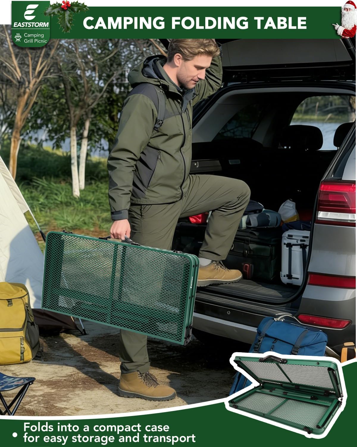 2Ft Small Folding Table with Carry Handle, Camping Table Adjustable Height 10.6–22 in, Black Metal Mesh, Portable & Compact for Outdoor/Indoor,Grill Table, 23.6×15.8 in, 4 lb, 66 lb Capacity