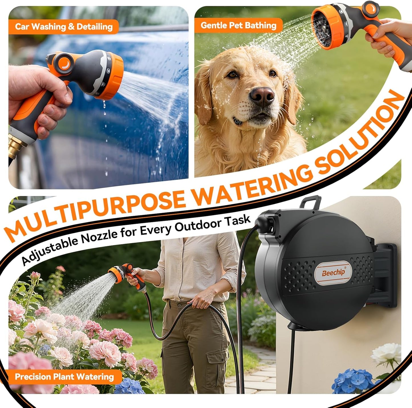 Retractable Garden Hose Reel, 1/2 in x 100 ft, Wall Mounted with 10-Function Nozzle, Any Length Lock & Slow Auto Rewind System, 180° Swivel Bracket, Black