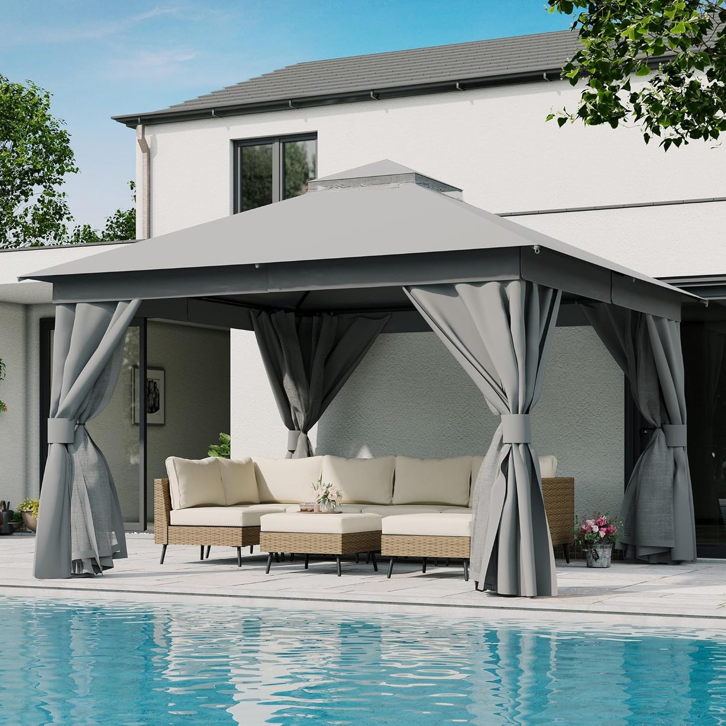 10x20 Gazebo Canopy with 100FT String Lights, Metal Heavy Duty Patio Canopy Tent with Double Roofs, Mosquito Nettings and Privacy Screens for Backyard, Garden, Lawn, Gray