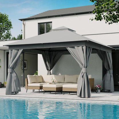 10x20 Gazebo Canopy with 100FT String Lights, Metal Heavy Duty Patio Canopy Tent with Double Roofs, Mosquito Nettings and Privacy Screens for Backyard, Garden, Lawn, Gray