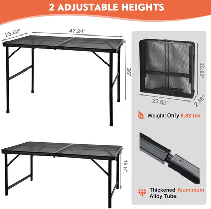 GREGIN Camping Table with Mesh Desktop, Lightweight & Portable Small Folding Grill Table, Height Adjustable Metal Outdoor Table for Camp, Cooking, BBQ, RV, Picnic-2 FT Black
