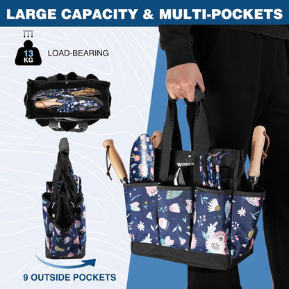 WORKPRO Garden Tool Bag, 9 Pockets Gardening Bag, Heavy Duty Oxford Garden Tote Caddy (Tools NOT Included), 12" x 12" x 6" (Floral White)