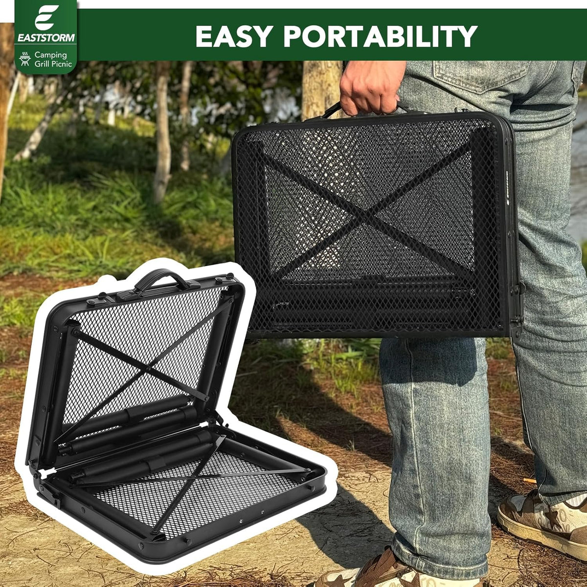 2Ft Small Folding Table with Carry Handle, Camping Table Adjustable Height 10.6–22 in, Black Metal Mesh, Portable & Compact for Outdoor/Indoor,Grill Table, 23.6×15.8 in, 4 lb, 66 lb Capacity