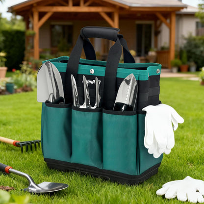 GrenPRO Garden Tool Bag Molded Bottom, Heavy Duty Tool Tote Toolbox with 10 Pockets, Reinforced & Top Snap Closure for Gardening Tools Storage, Dark Green(Tools Not Included)