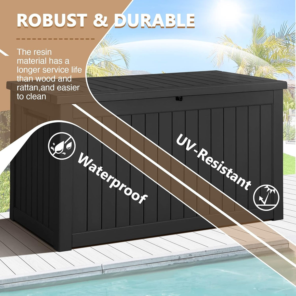 Devoko 100 Gallon Waterproof Large Resin Deck Box Indoor Outdoor Lockable Storage Container for Patio Furniture Cushions Garden Tools (100 Gallon, Black)