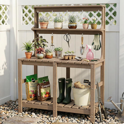 Outdoor Potting Bench with 3 Tier, All-Weather Patio Potting Table with Tool Hooks, HDPE Gardening Table for Backyard, Garden, Brown