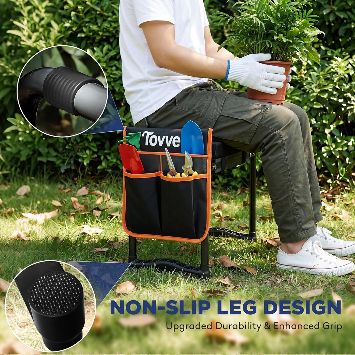 Tovve Foldable Garden Kneeler and Seat, Heavy Duty Garden Stool with 10" Wide Detachable Kneeling Pad, Portable Garden Bench Chair with Large Garden Tool Bag, Gardening Gifts for Women, Seniors, Mom