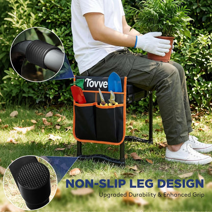Tovve Foldable Garden Kneeler and Seat, Heavy Duty Garden Stool with 10" Wide Detachable Kneeling Pad, Portable Garden Bench Chair with Large Garden Tool Bag, Gardening Gifts for Women, Seniors, Mom