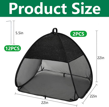 2 Pcs Pop Up Garden Netting Bug and Shade Covers, 22" x 22" x 22" Plant Sun Shade Top Bird Netting Tents, Insect Barrier Sun Protection Plant Cover Tent for Outdoor Plants Vegetables Fruits (Black)