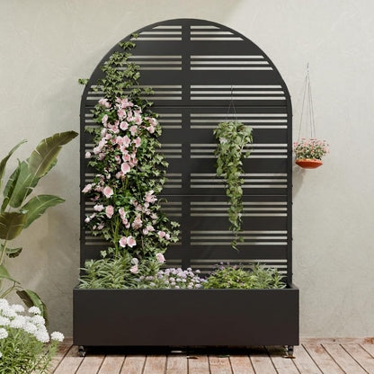 Casaphoria Metal Raised Garden Bed with Trellis and Wheels, 72"x47"x16" Planter Box for Climbing Plants, Vegetables & Vines, Features Drainage Holes and Privacy Screen (Black-Louver) - Colors C