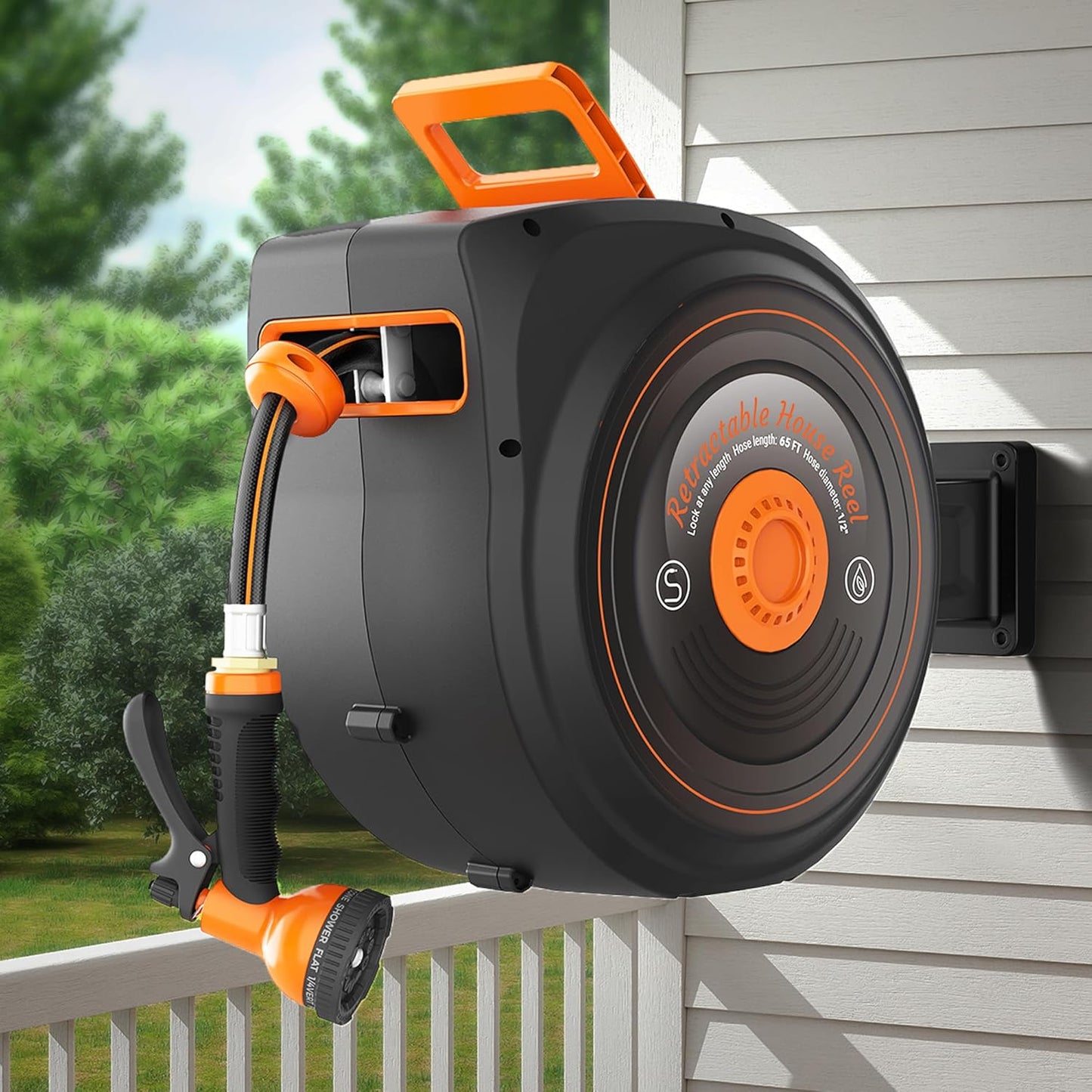 Retractable Garden Hose Reel 65 FT 1/2 IN for Outside, Upgraded 10 Spray Patterns, Heavy Duty Automatic Water Hose Reel with Any Length Lock, Wall Mount, Pro Guide System, 180° Swivel