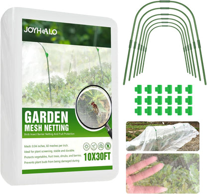 6 Sets Garden Hoops with 10x30 Ft Netting for Raised Beds, 18 Clips