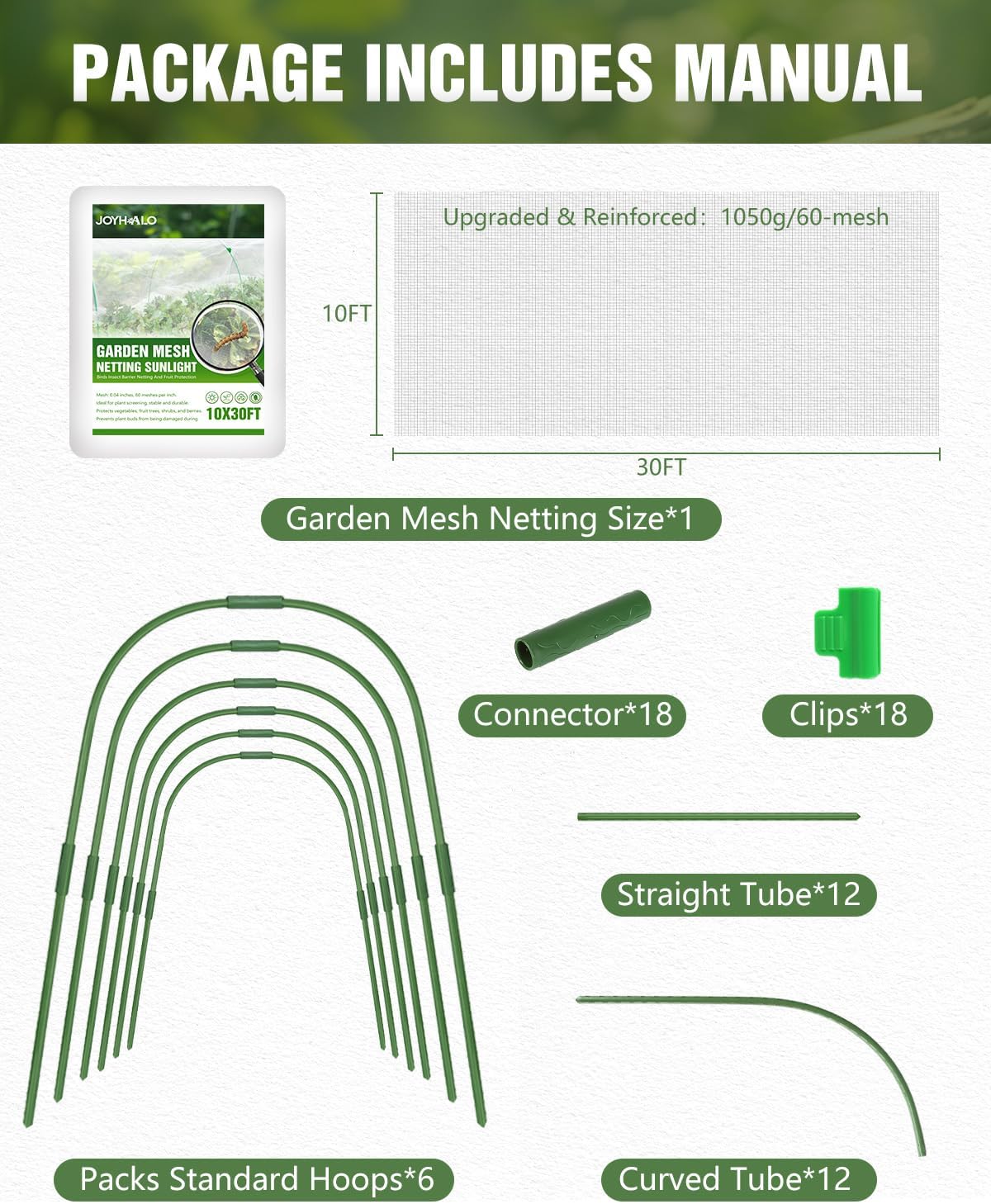 6 Sets Garden Hoops with 10x30 Ft Netting for Raised Beds, 18 Clips