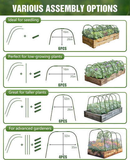 6 Sets Garden Hoops with 10x30 Ft Netting for Raised Beds, 18 Clips