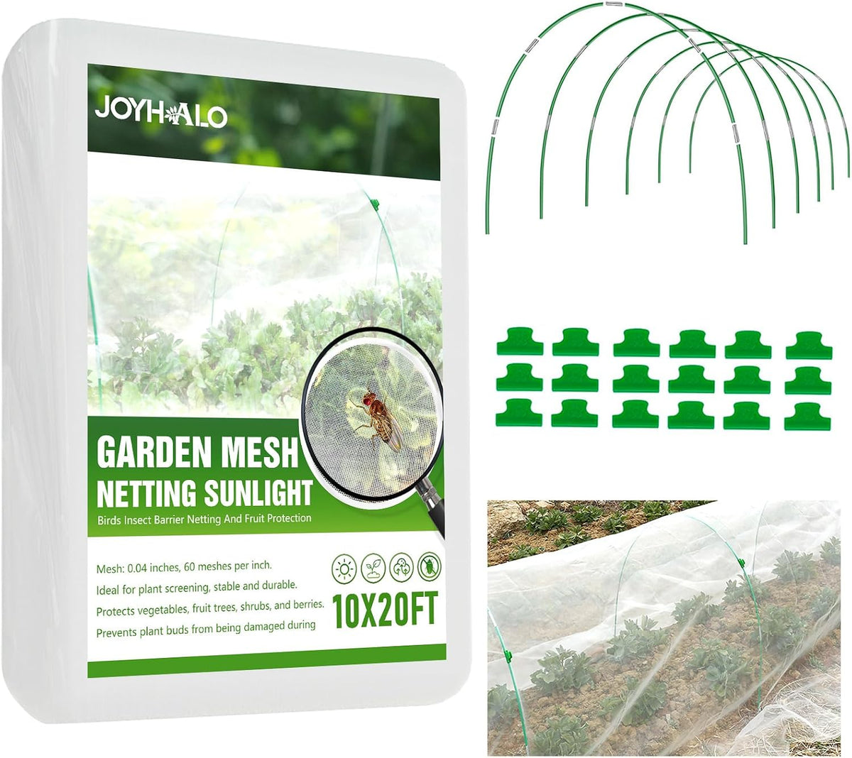 6 Sets Garden Hoops with 10x30 Ft Netting for Raised Beds, 18 Clips