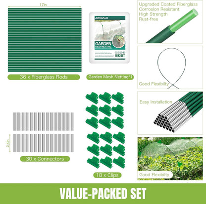 6 Sets Garden Hoops with 10x30 Ft Netting for Raised Beds, 18 Clips