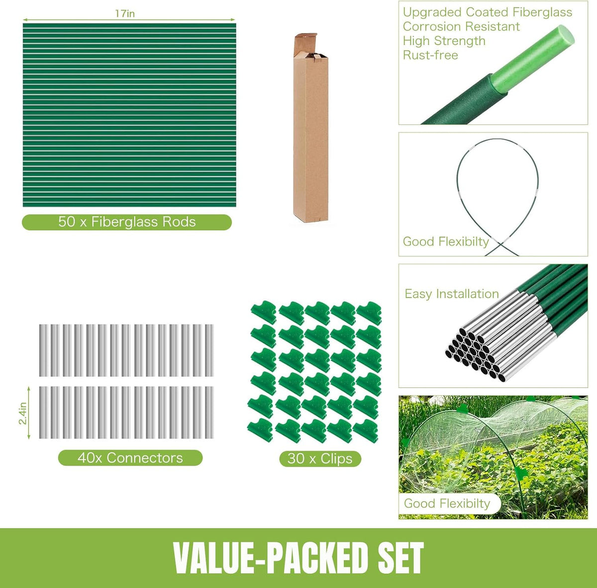 6 Sets Garden Hoops with 10x30 Ft Netting for Raised Beds, 18 Clips