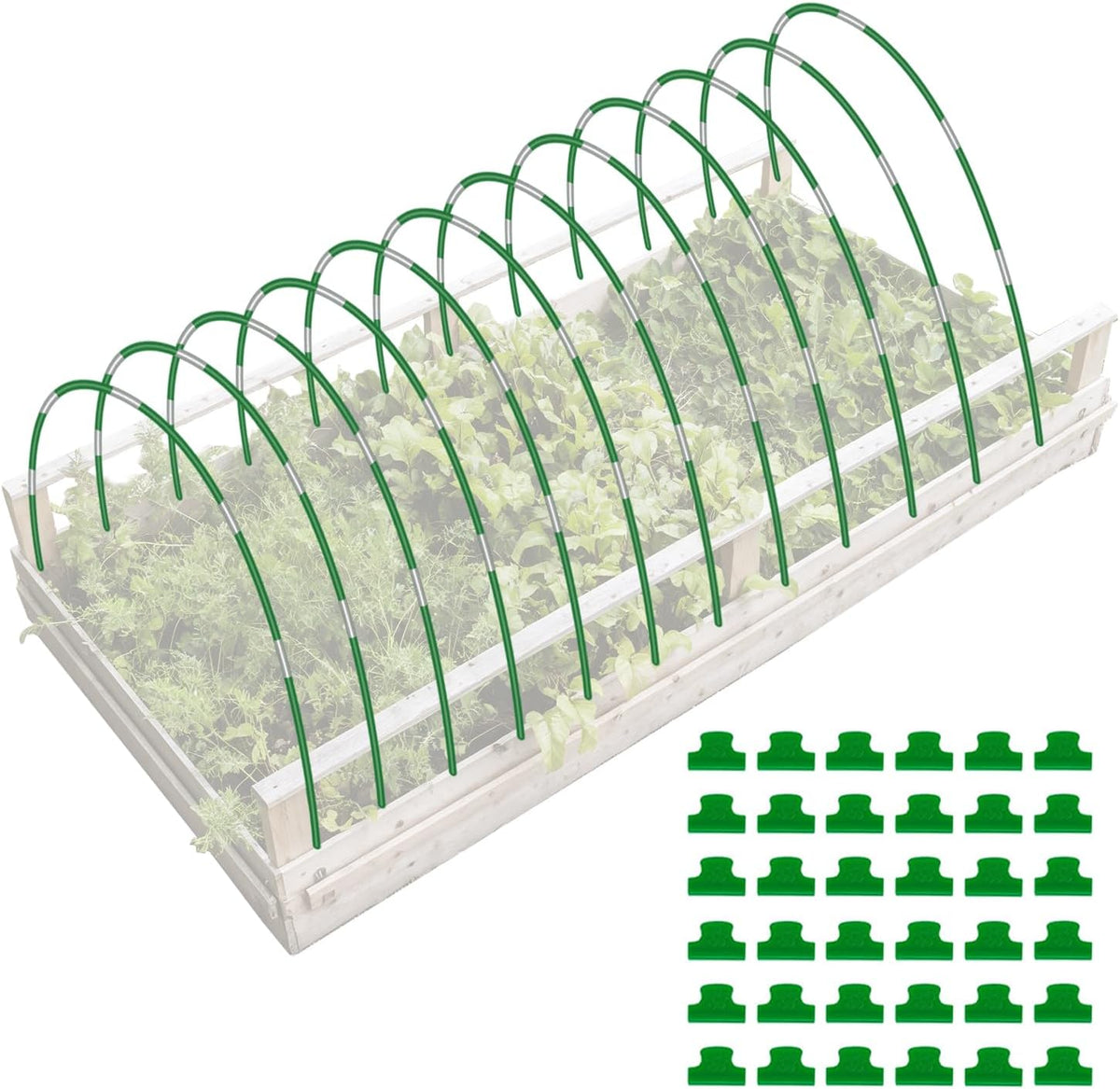 6 Sets Garden Hoops with 10x30 Ft Netting for Raised Beds, 18 Clips
