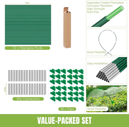 6 Sets Garden Hoops with 10x30 Ft Netting for Raised Beds, 18 Clips