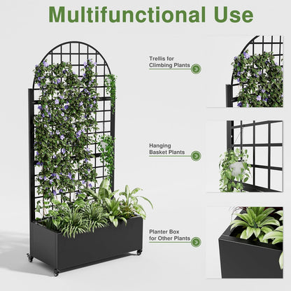 Casaphoria Metal Raised Garden Bed with Trellis and Wheels, 72"x47"x16" Planter Box for Climbing Plants, Vegetables & Vines, Features Drainage Holes and Privacy Screen (Black-Louver) - Colors B