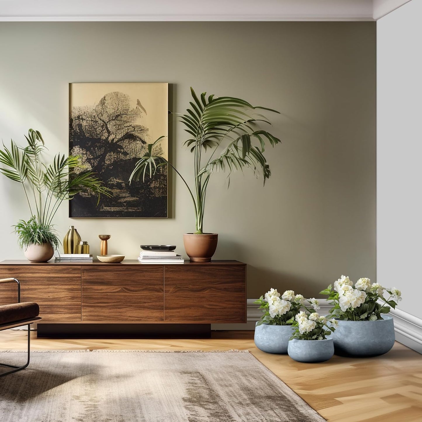 Kante 15.7" Dia Round Concrete Planter, Outdoor Indoor Garden Plant Pots with Drainage Hole and Rubber Plug, Modern Curvaceous Design, Slate Gray