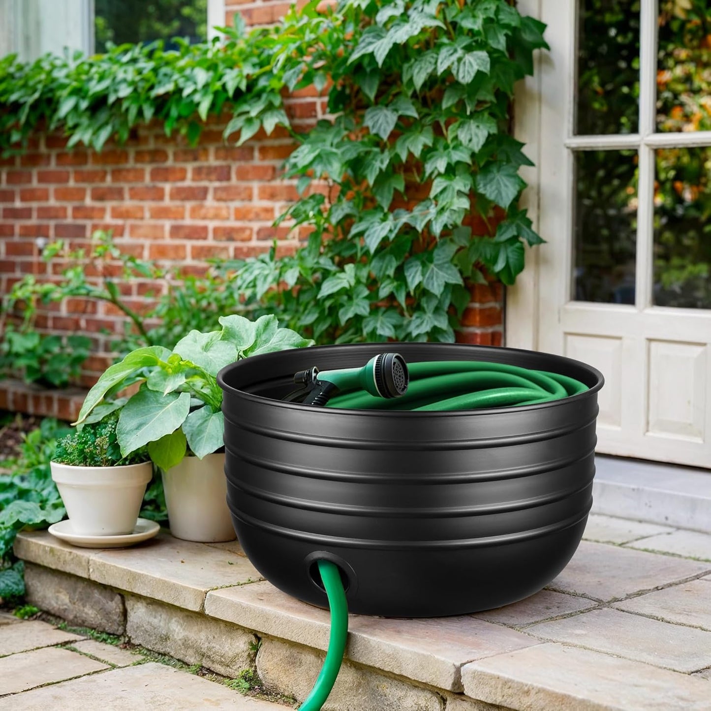 Monarch Abode Garden Hose Holder with Lid – Decorative Water Hose Holders for Outside, Border Embossed Metal Patina Pot with Drainage, 100ft Waterhose Holder for Outside, Garden Storage Caddy