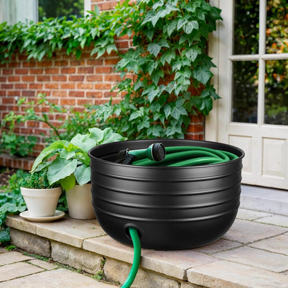 Monarch Abode Garden Hose Holder with Lid – Decorative Water Hose Holders for Outside, Border Embossed Metal Patina Pot with Drainage, 100ft Waterhose Holder for Outside, Garden Storage Caddy