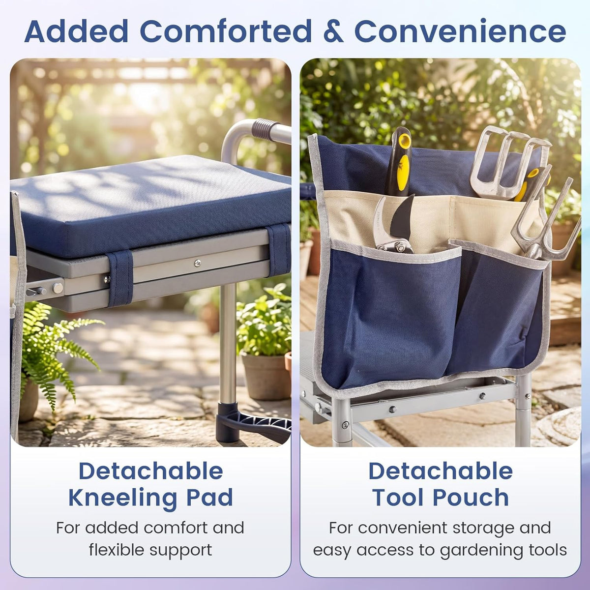 2-in-1 Garden Kneeler & Seat, Folding Seat w/EVA Foam Kneeling Pad & Removable Tools Pouch, Sturdy Steel Frame, No Assembly, Portable Heavy Duty Garden Stool for Women & Men