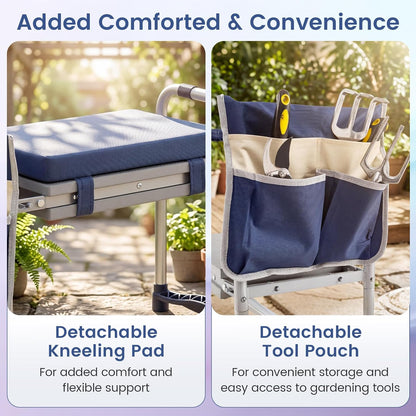 2-in-1 Garden Kneeler & Seat, Folding Seat w/EVA Foam Kneeling Pad & Removable Tools Pouch, Sturdy Steel Frame, No Assembly, Portable Heavy Duty Garden Stool for Women & Men
