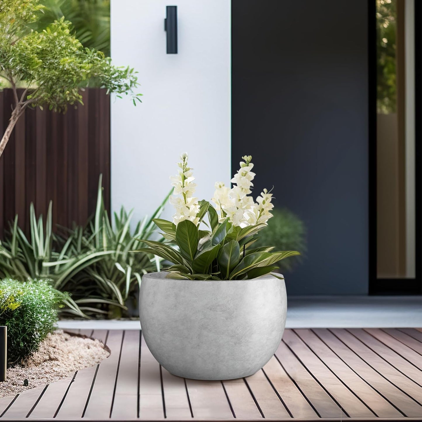 Large Round Bowl Vintage BRN Concrete Planter 19.9" Dia, Outdoor
