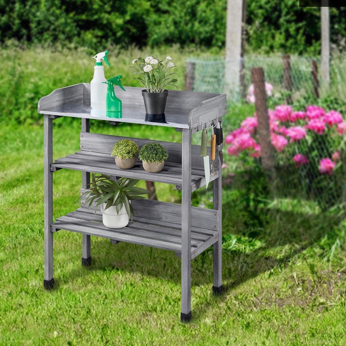 Yaheetech Outdoor Garden Potting Bench Table Wooden Horticulture Planting Worstation w/Metal Tabletop/Storage Shelf/3 Hooks, Natural Wood
