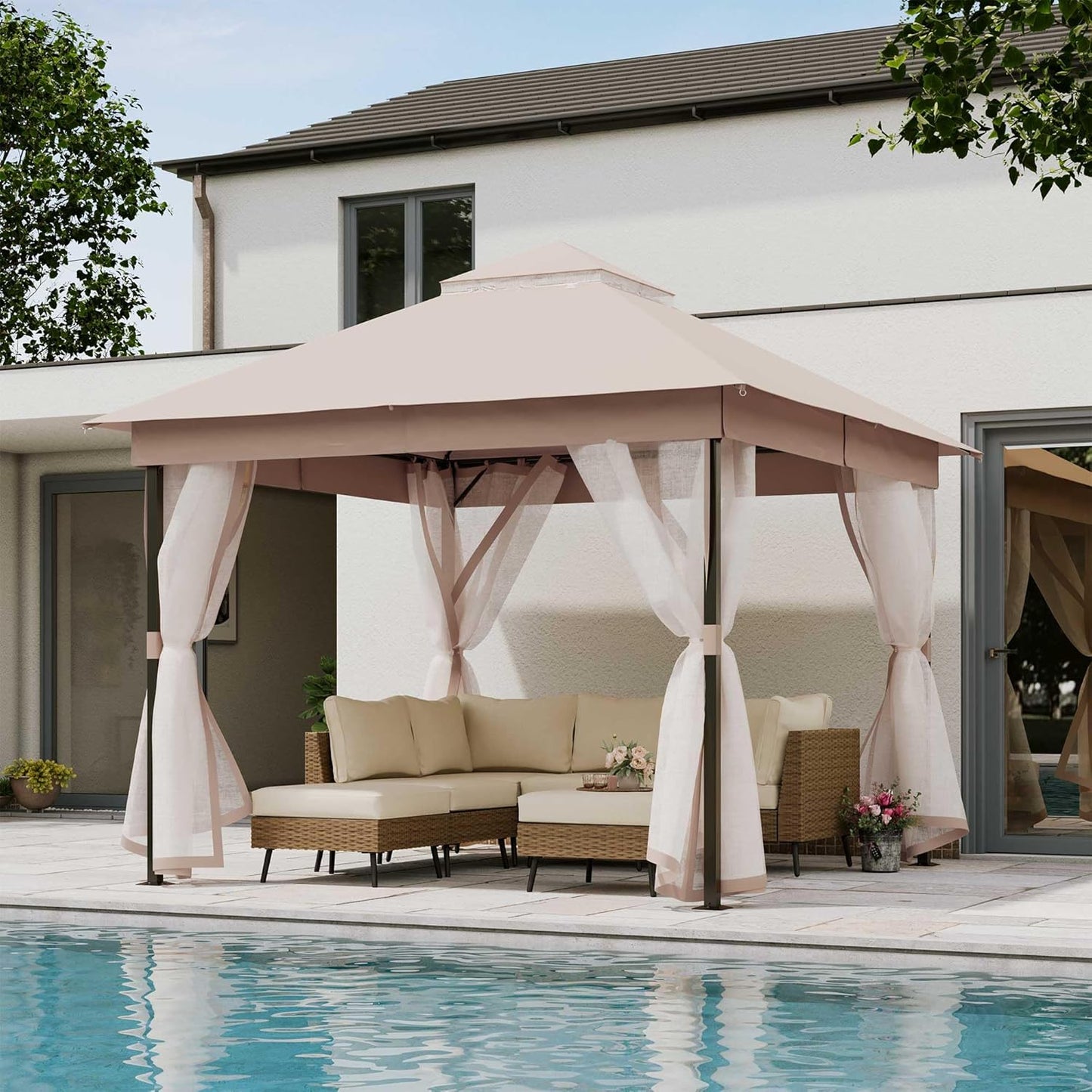 10x20 Gazebo Canopy with 100FT String Lights, Metal Heavy Duty Patio Canopy Tent with Double Roofs, Mosquito Nettings and Privacy Screens for Backyard, Garden, Lawn, Gray