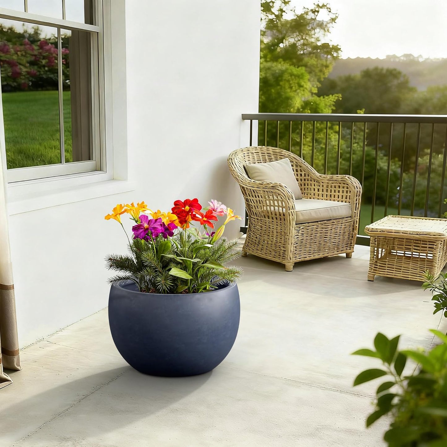 Large Round Bowl Vintage BRN Concrete Planter 19.9" Dia, Outdoor