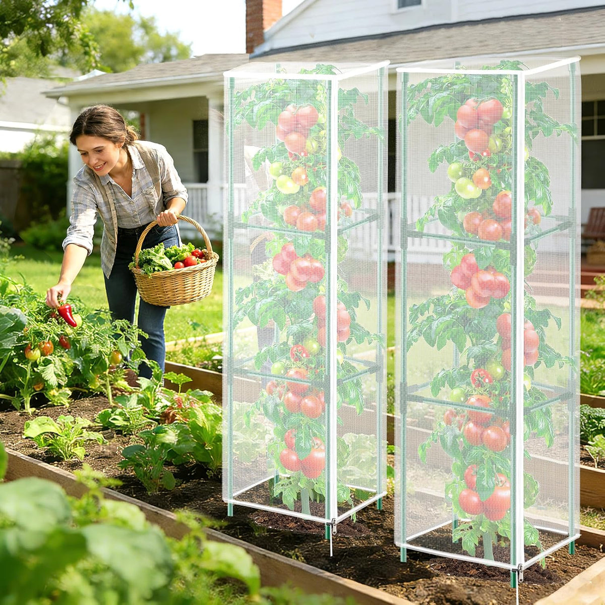 3 Pack Garden Bird Netting Plant Cover for Round Tomato Cage, 61"x13" Insect Bird Barrier Tomato Cage Net with Zipper & Drawstring, Tomato Trellis Netting Protection Cover for Protecting Plants
