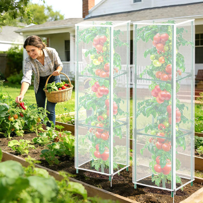 3 Pack Garden Bird Netting Plant Cover for Round Tomato Cage, 61"x13" Insect Bird Barrier Tomato Cage Net with Zipper & Drawstring, Tomato Trellis Netting Protection Cover for Protecting Plants