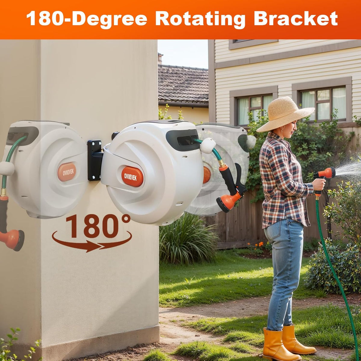 Retractable Garden Hose Reel,1/2 Inch x 100ft Wall Mounted Hose Wall,180° Swivel Bracket,With Built-in Nozzle,Slow Retraction Any Length Lock.