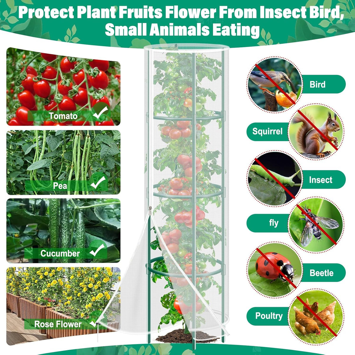 3 Pack Garden Bird Netting Plant Cover for Round Tomato Cage, 61"x13" Insect Bird Barrier Tomato Cage Net with Zipper & Drawstring, Tomato Trellis Netting Protection Cover for Protecting Plants