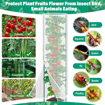 3 Pack Garden Bird Netting Plant Cover for Round Tomato Cage, 61"x13" Insect Bird Barrier Tomato Cage Net with Zipper & Drawstring, Tomato Trellis Netting Protection Cover for Protecting Plants