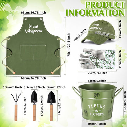 Tarpop Garden Tool Set Christmas Plant Whisperer Gardening Gifts for Women, 7 Pcs Vegetable Planting Tool Kit Cap Canvas Apron Gloves Soil Scoop Transplant Trowel Cultivator Flower Tub(Green)